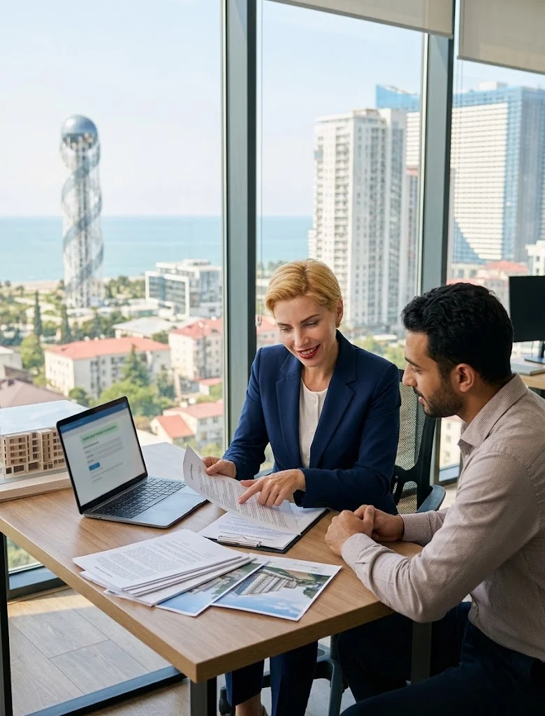 Charlotte erklärt den Immobilienkauf in Batumi per Banküberweisung und die Koordination von Vertrag und Registrierung
