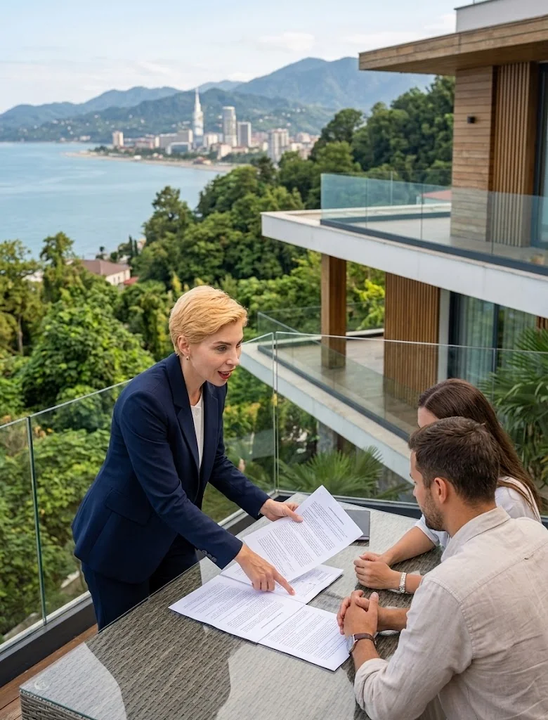 Charlotte bei der Besichtigung einer Villa in Georgien mit Meerblick bei Batumi