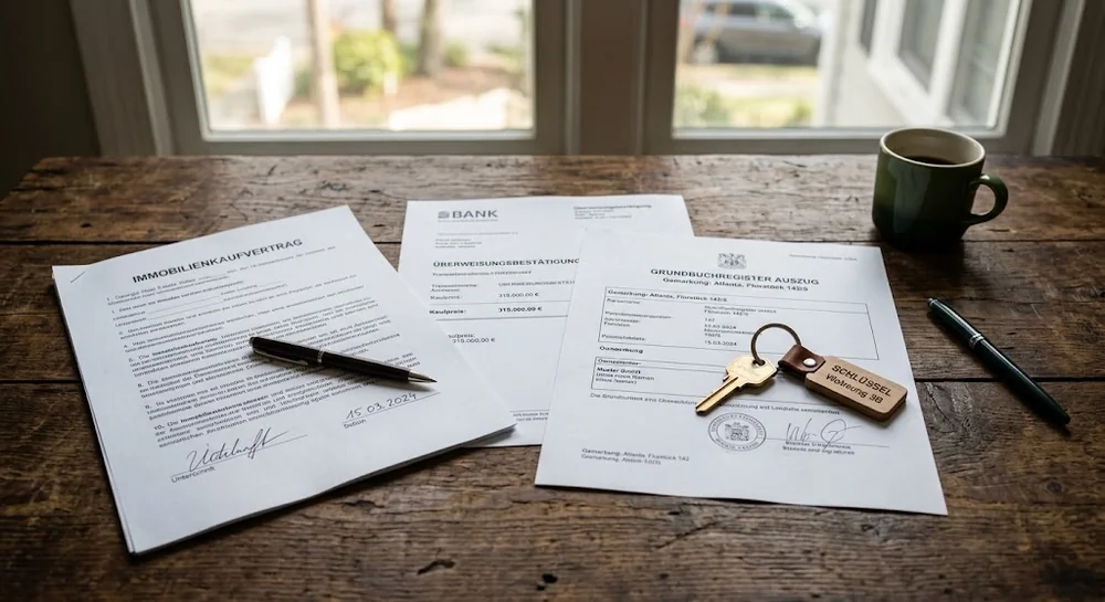 Kaufvertrag, Banküberweisung und Registerauszug beim Immobilienkauf in Georgien