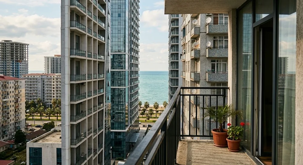 Seitlicher Meerblick zwischen Wohngebäuden in Batumi