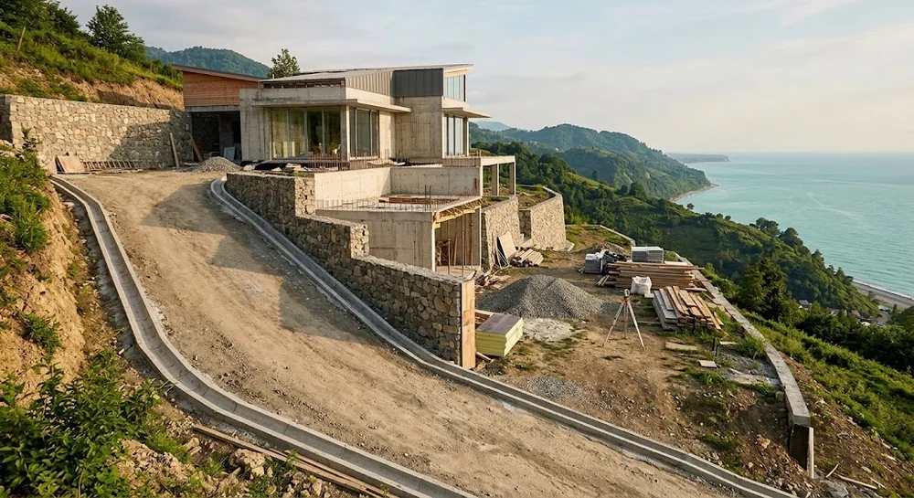 Hanggrundstück einer Villa bei Gonio mit Stützmauer und Drainage